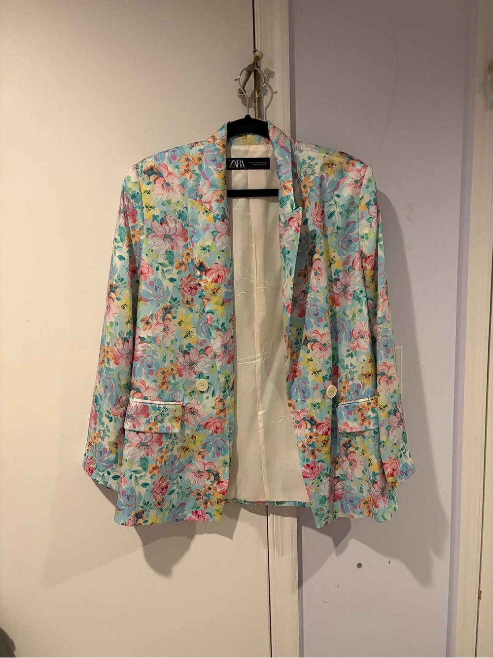 Zara Pastel Floral Blazer Jacket - Light Blue & Pink